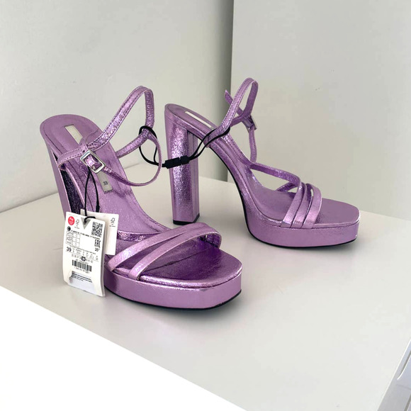 ZARA METALLIC PLATFORM HEELED SANDALS STRAPPY PURPLE - US 8 - Picture 7 of 14